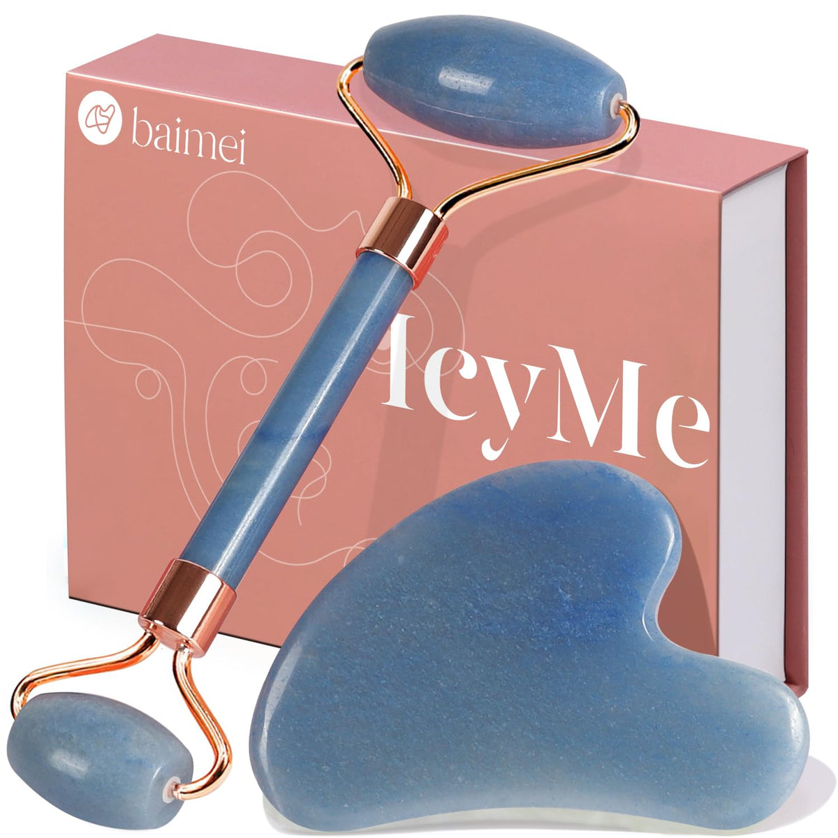 BAIMEI Gua Sha et Jade Roller set vue de face avec outils de soin