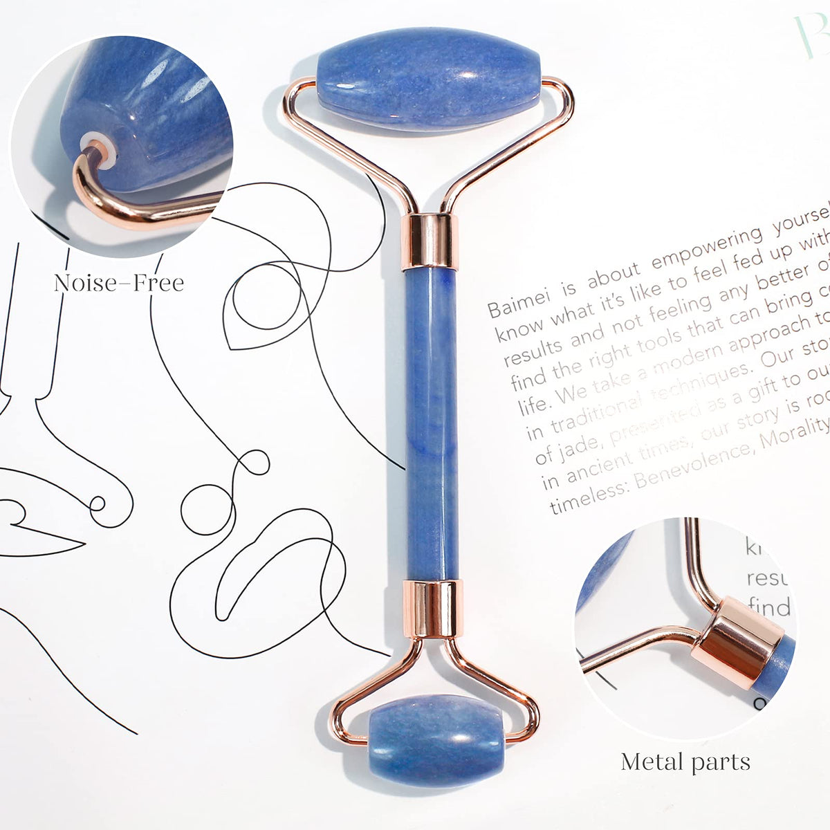 BAIMEI Gua Sha et roller en jade sur une surface blanche