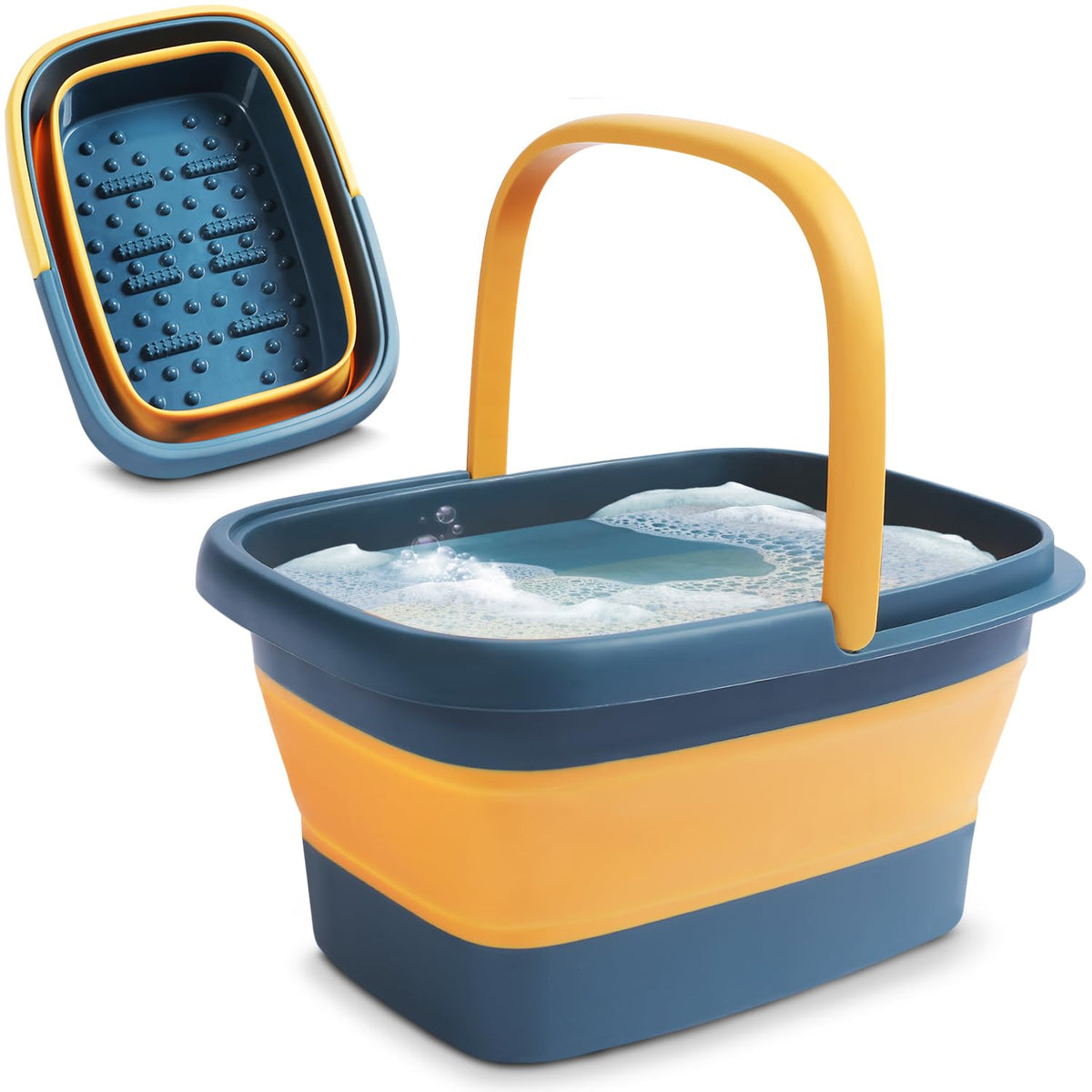 Bain de pied pliable AllSett Health vue de face, bleu et orange