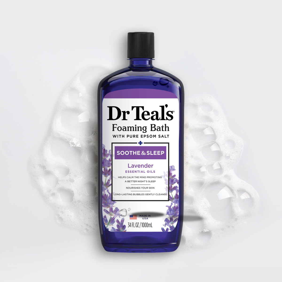 Bain moussant Dr Teal's à la lavande, présentation avec fleurs de lavande