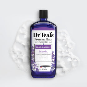 Bain moussant Dr Teal's à la lavande, présentation avec fleurs de lavande