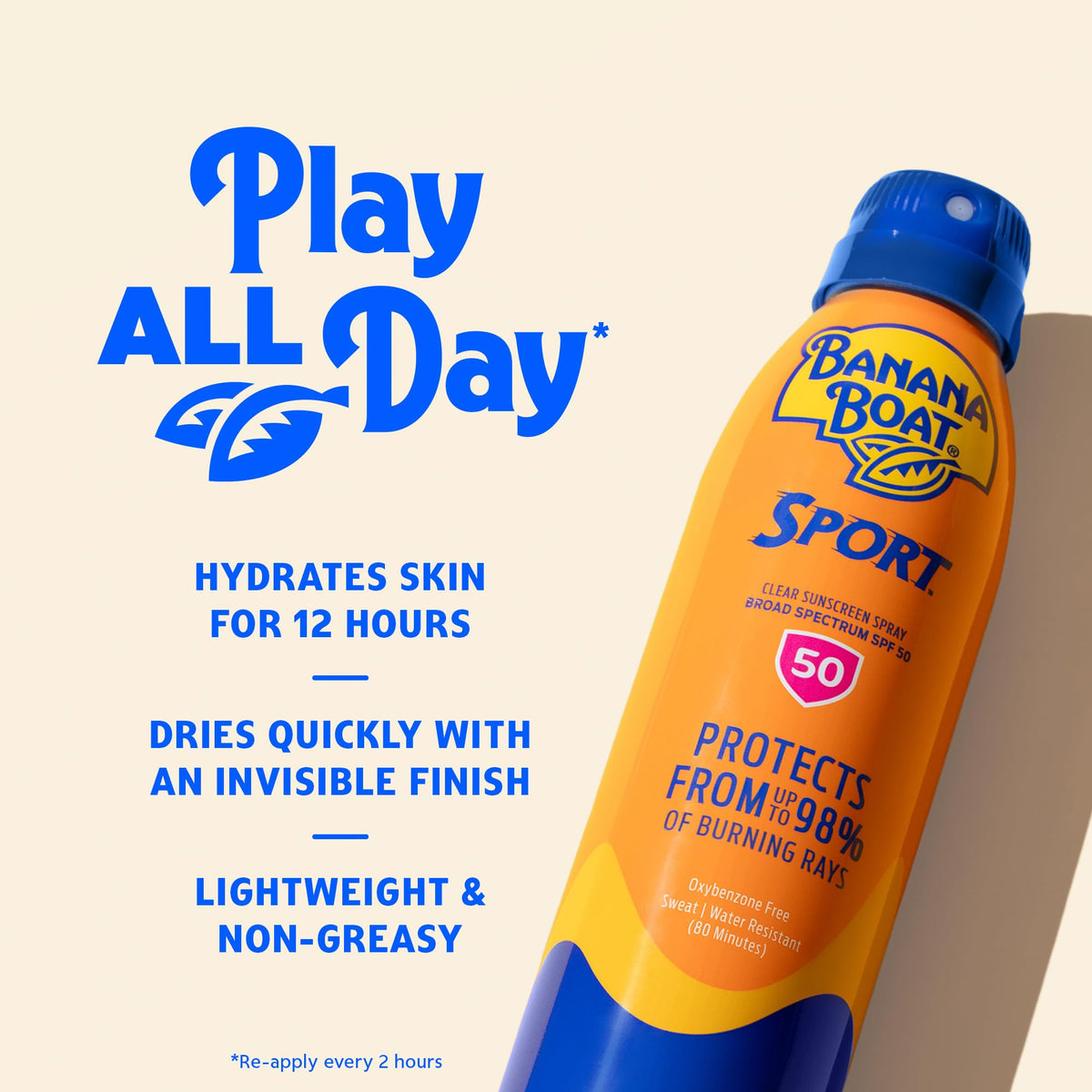 Banana Boat Spray Solaire Sport, packaging avec soleil en arrière-plan
