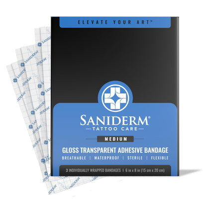 Bandage après-tatouage Saniderm vue de face, emballage de 3 feuilles