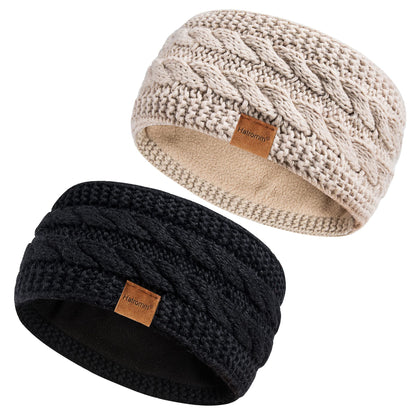 Bandeau d'hiver Hatromm en laine noir et beige, vue de face