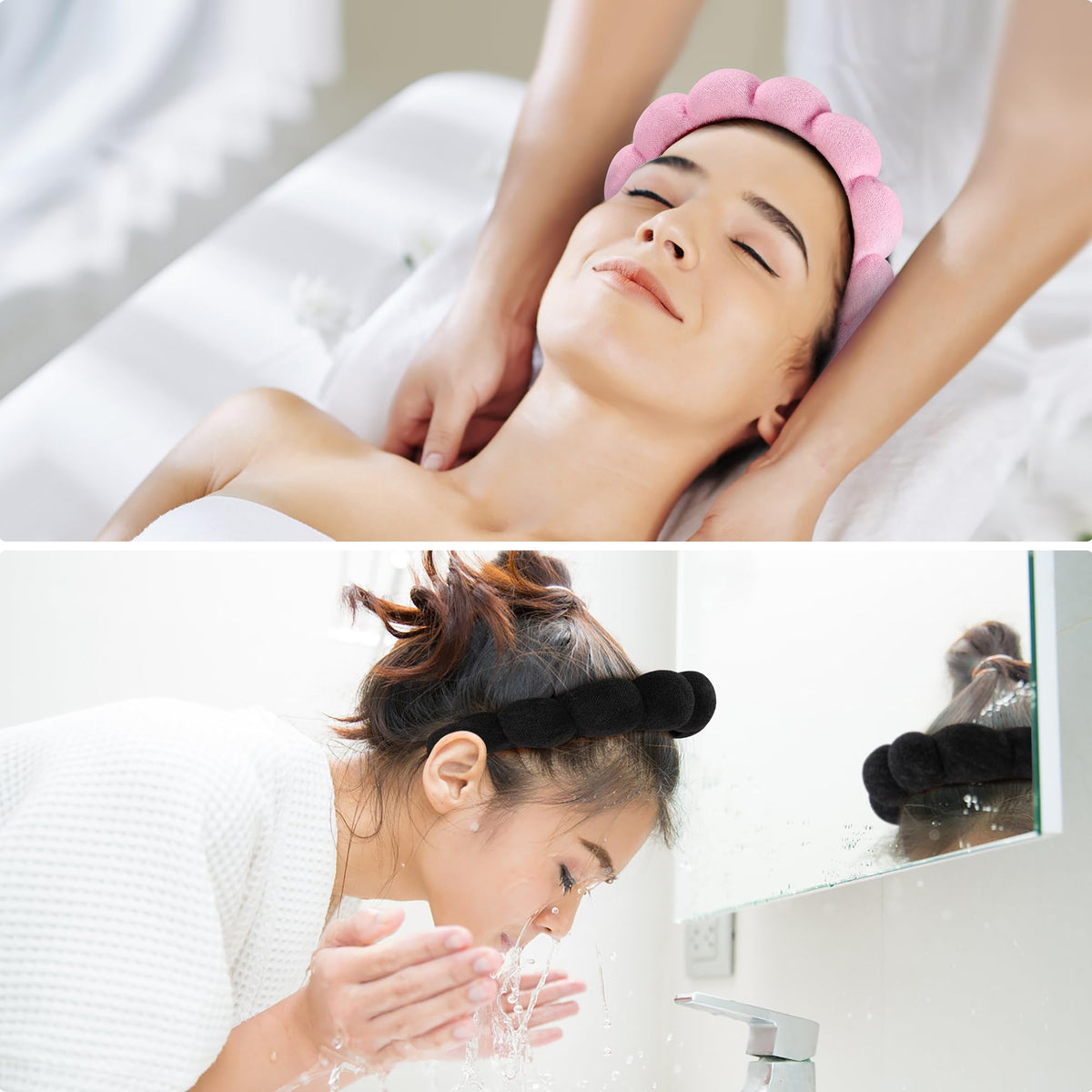Bandeau de spa Ztomine noir porté pendant un soin du visage