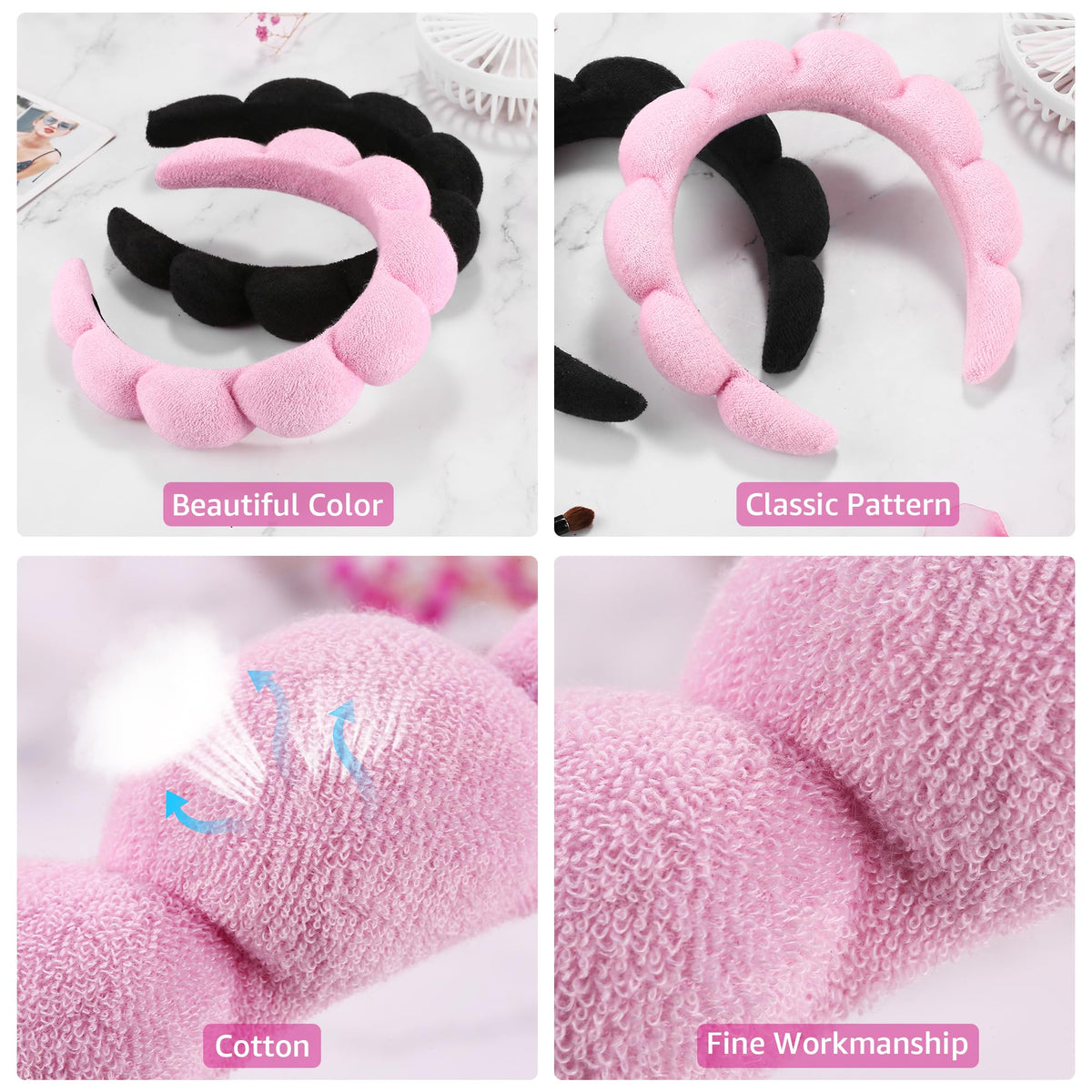 Bandeau de spa Ztomine rose porté lors de l'application de maquillage