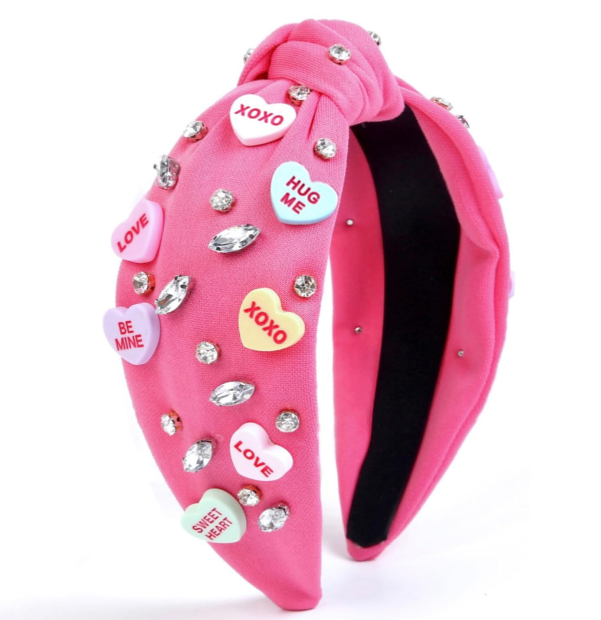Bandeau Huachi Saint-Valentin rose avec strass et cœurs, vue avant