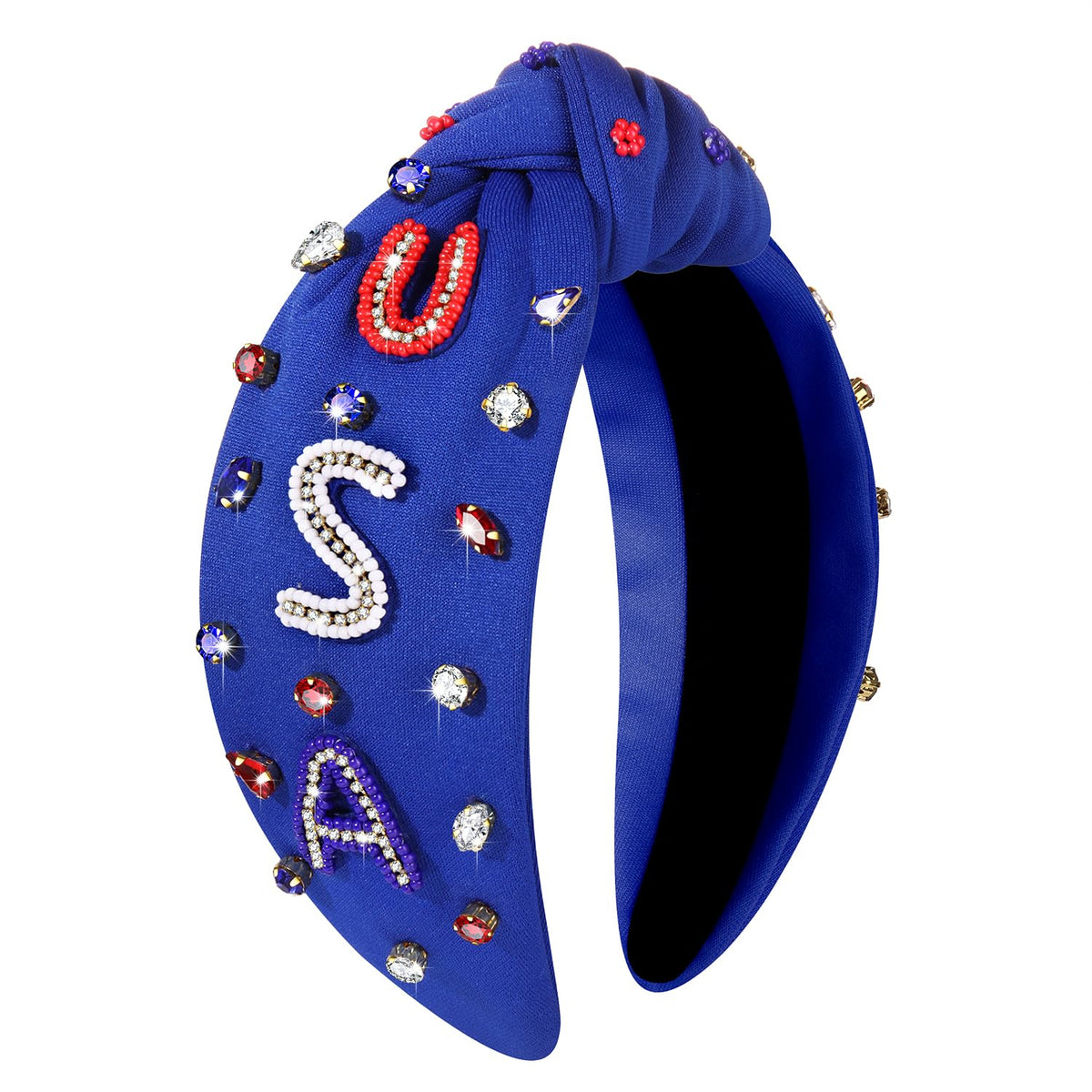 Bandeau MOLOCH rouge, blanc et bleu avec strass, vue de face