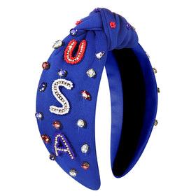 Bandeau MOLOCH rouge, blanc et bleu avec strass, vue de face
