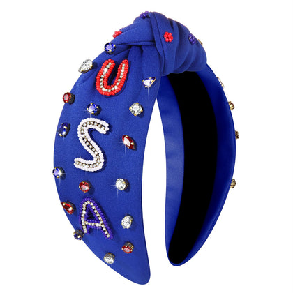 Bandeau MOLOCH rouge, blanc et bleu avec strass, vue de face