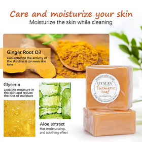 Barre de savon au curcuma LIYALAN montrant sa texture crémeuse