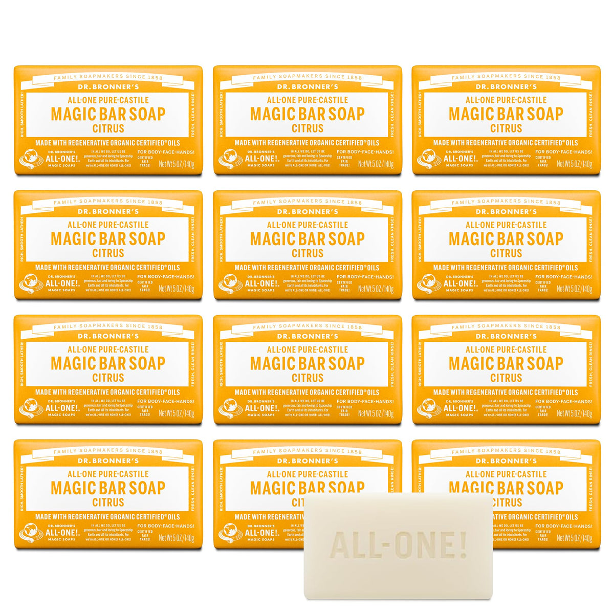 Barre de savon Dr. Bronner's Pure-Castile agrumes vue de devant