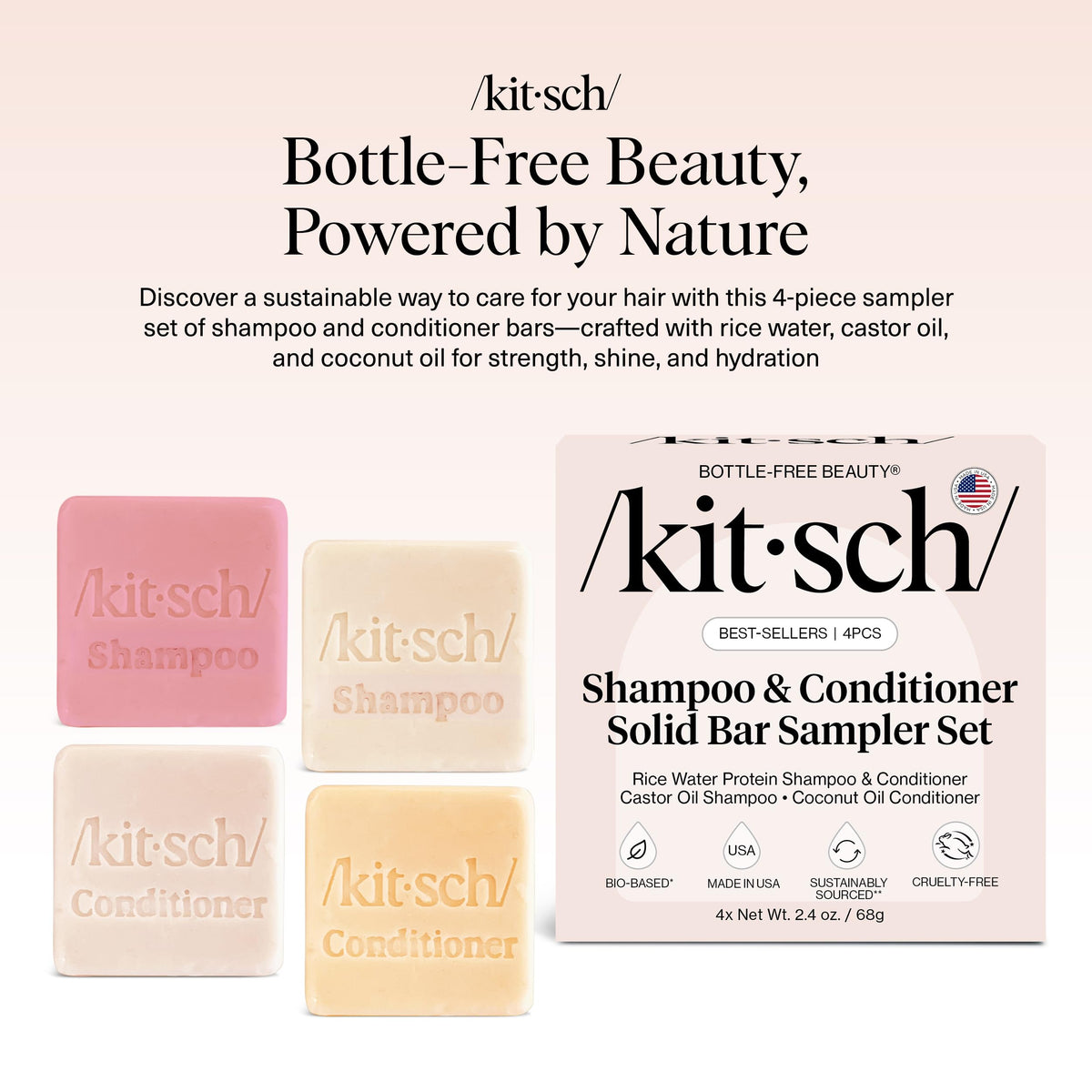 Barre de shampooing Kitsch à l'eau de riz sur fond blanc