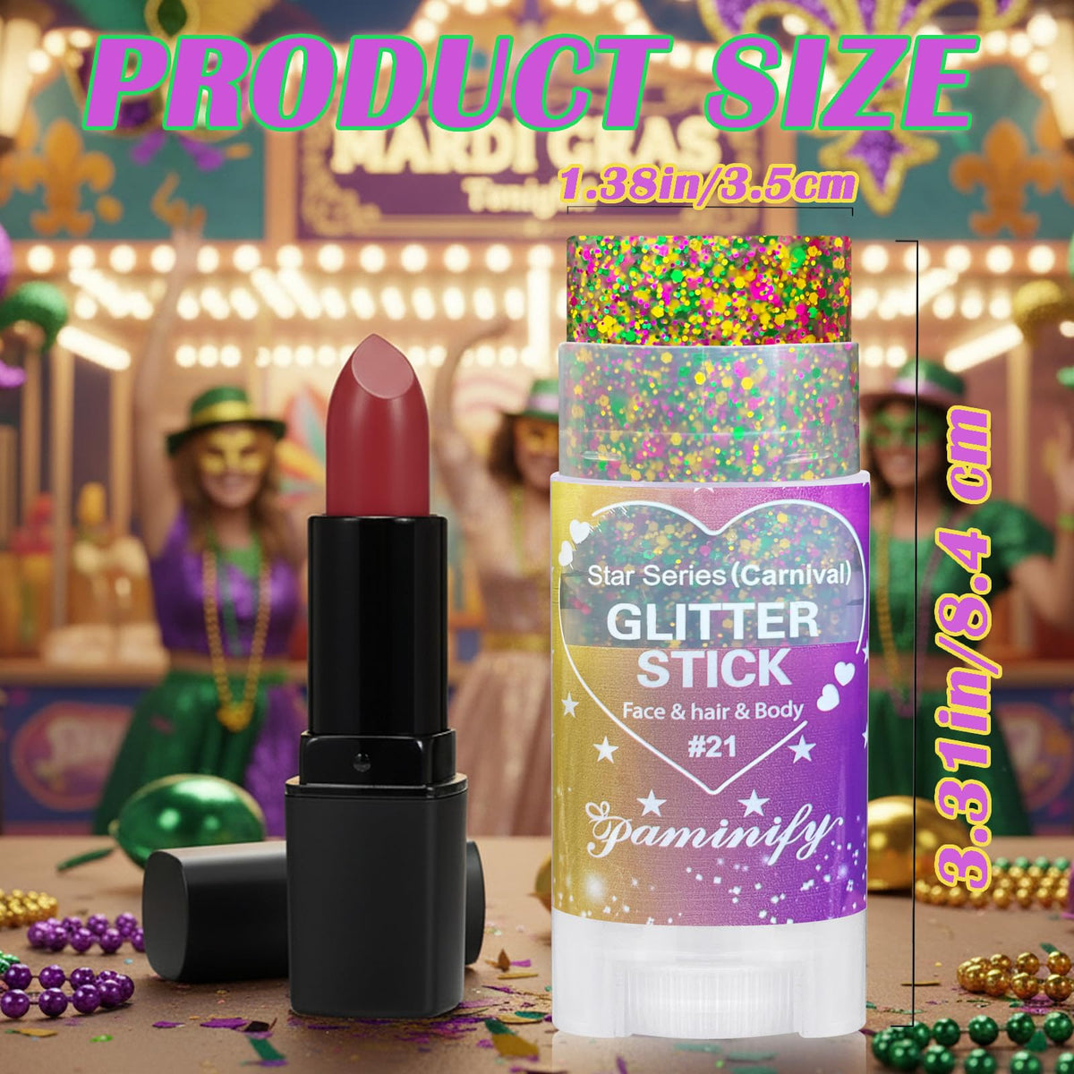Baton de paillettes Paminify sur fond coloré de festival