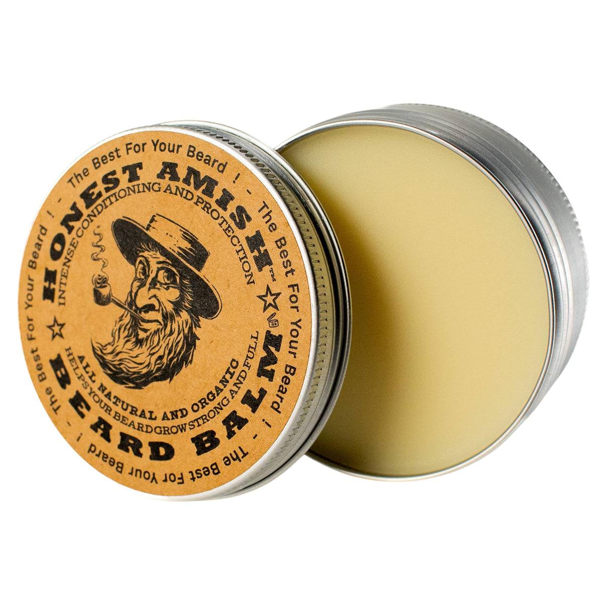 Baume à barbe Honest Amish 118g avec des ingrédients naturels sur fond en bois