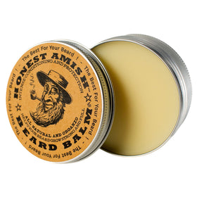 Baume à barbe Honest Amish 118g avec des ingrédients naturels sur fond en bois