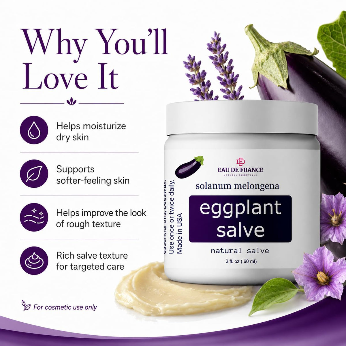 Baume à base d'aubergine avec étiquette visible, 68g