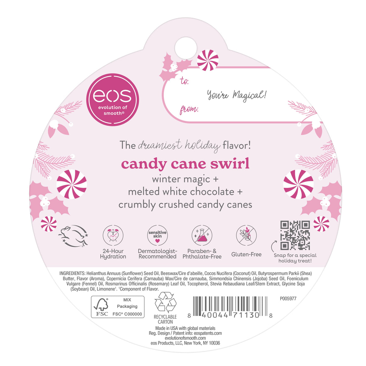 Baume à lèvres eos Candy Cane Swirl à côté d'autres produits de soin