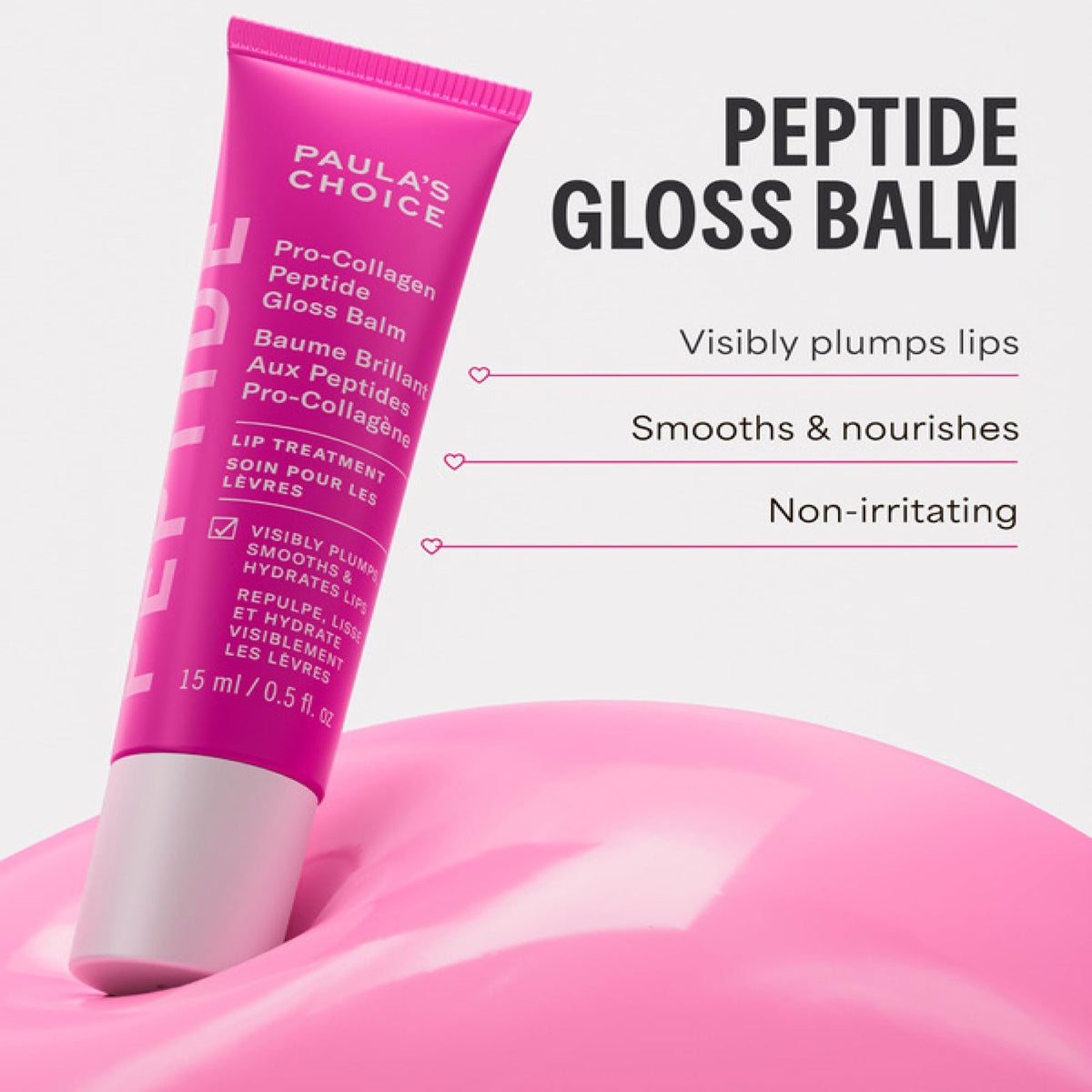 Baume à lèvres gloss Pro-Collagène Peptides Paula's Choice sur une table de maquillage.