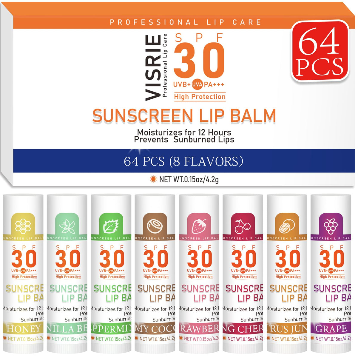 Baume à lèvres SPF 30 VISRIE, pack de 64 tubes, saveurs variées