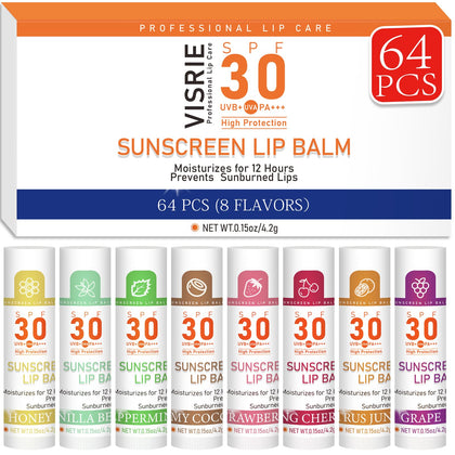 Baume à lèvres SPF 30 VISRIE, pack de 64 tubes, saveurs variées