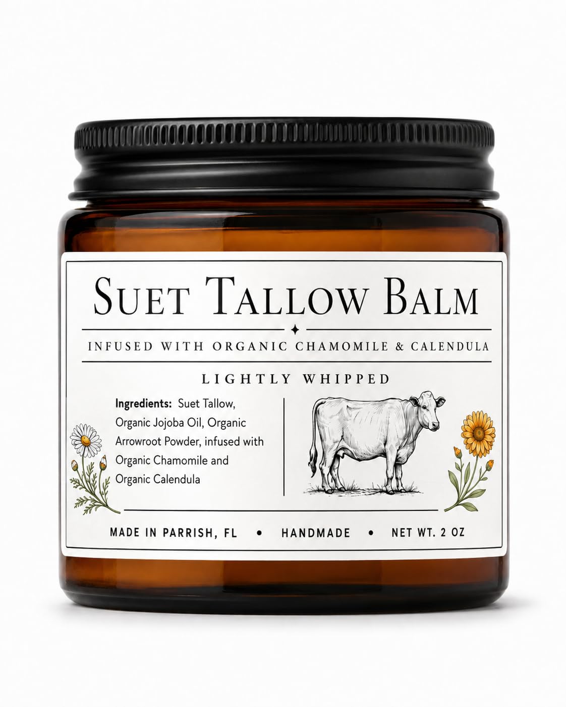 Baume à tallow naturel non parfumé 2 oz en pot en verre ambre