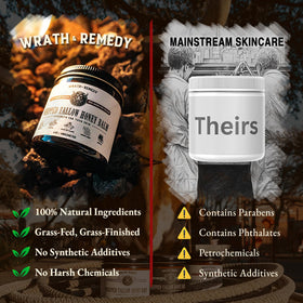 Baume au suif de boeuf bio Wrath & Remedy avec un fond floral
