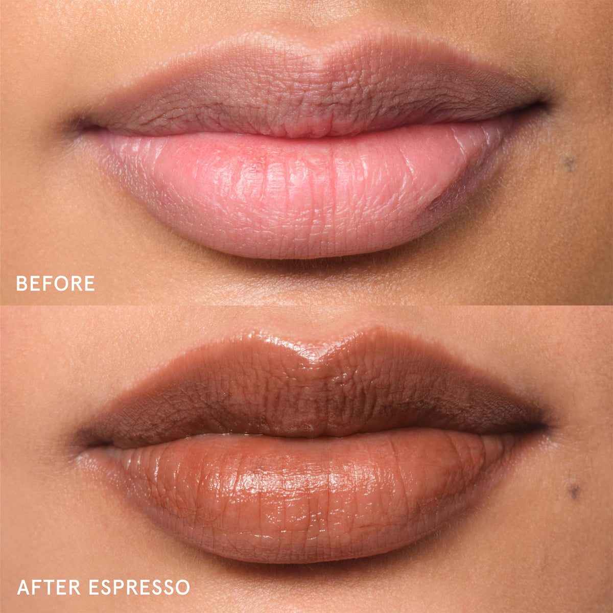 Baume Glossier Balm Dotcom au café mocha sur des cuticules sèches