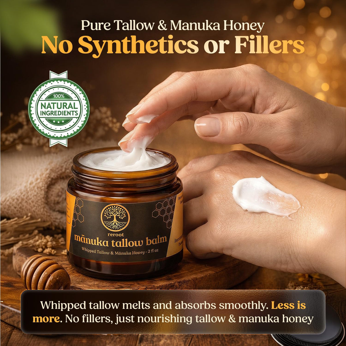 Baume Manuka Tallow sur peau avec texture crémeuse