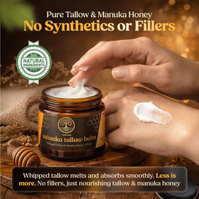 Baume Manuka Tallow sur peau avec texture crémeuse