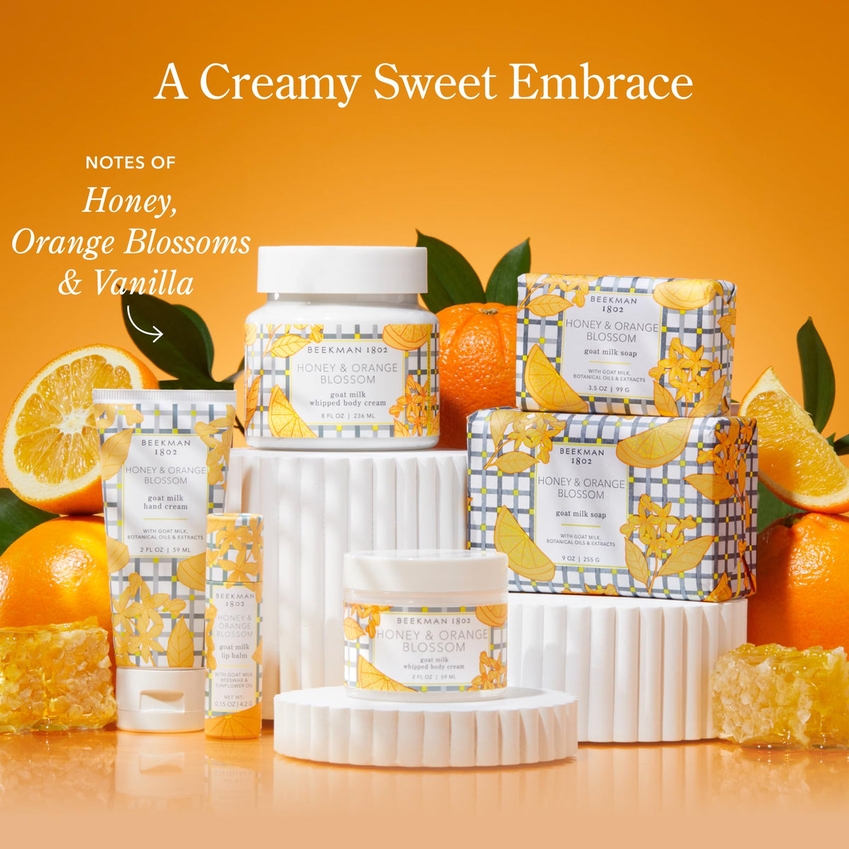 Beekman 1802 Crème Mains Lait de Chèvre 2 oz, présentation avec des fleurs.