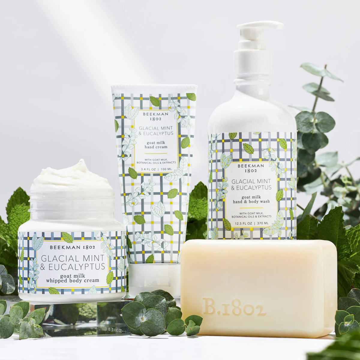 Beekman 1802 Lingettes Visage au Lait de Chèvre Menthe Glaciaire avec ingrédients naturels en arrière-plan