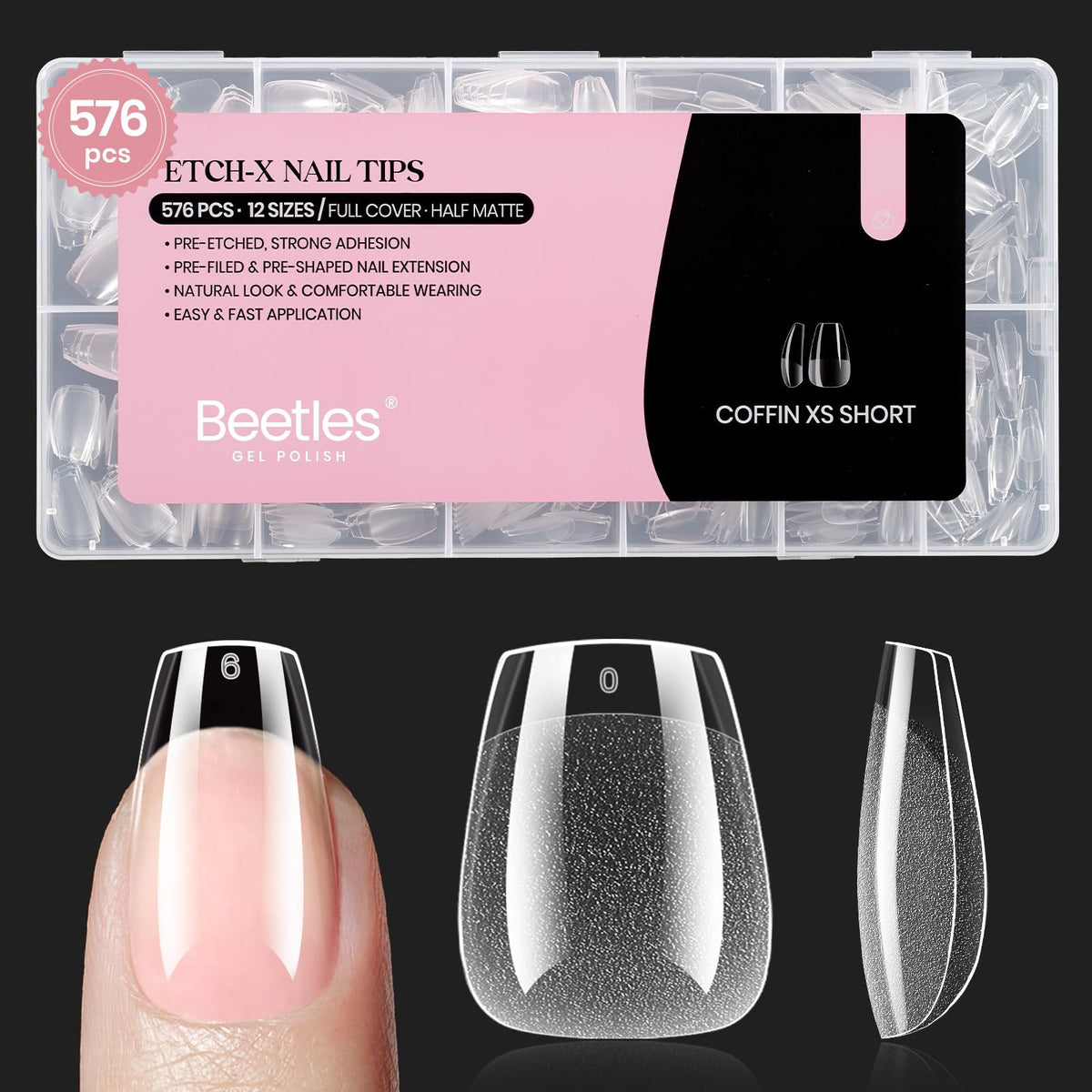 Beetles Gel Nail Tips Extra Short Coffin 576Pcs packaging view
