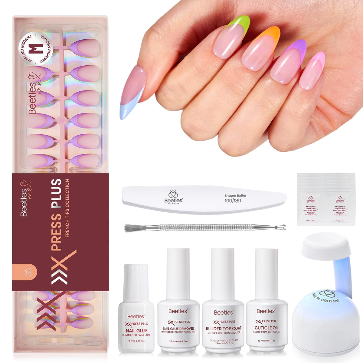Beetles Kit d'Ongles Pressés 224 Pcs vue avant avec ongles en amande