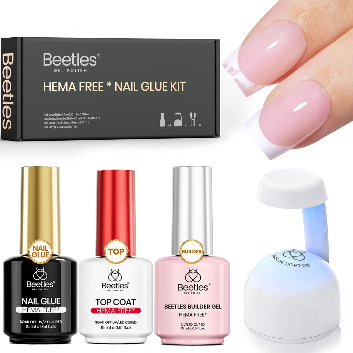 beetles kit de colle pour ongles de 15ml avec lampe portable