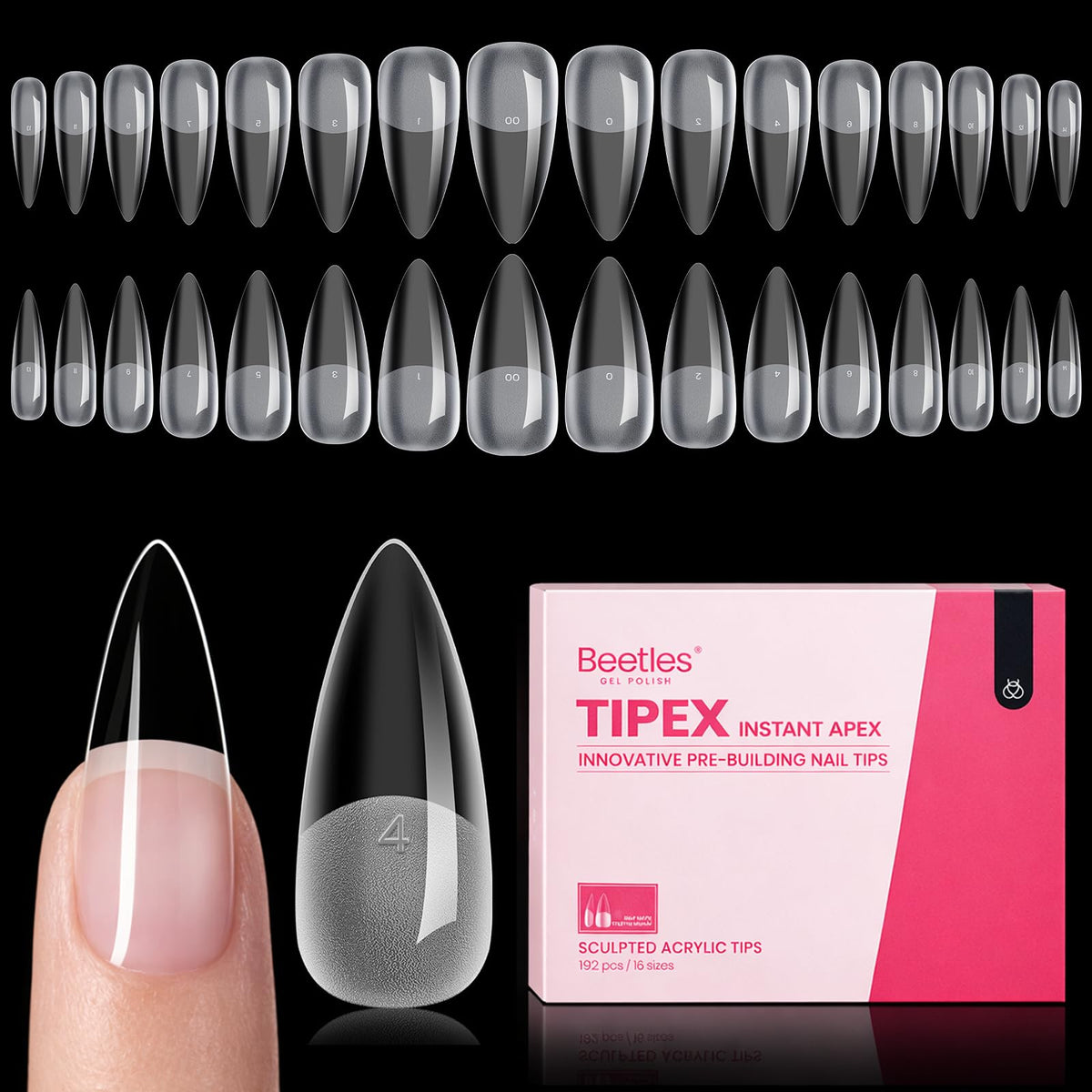 beetles Tipex Instant Apex Nail Tips 192pcs Medium Stiletto front view