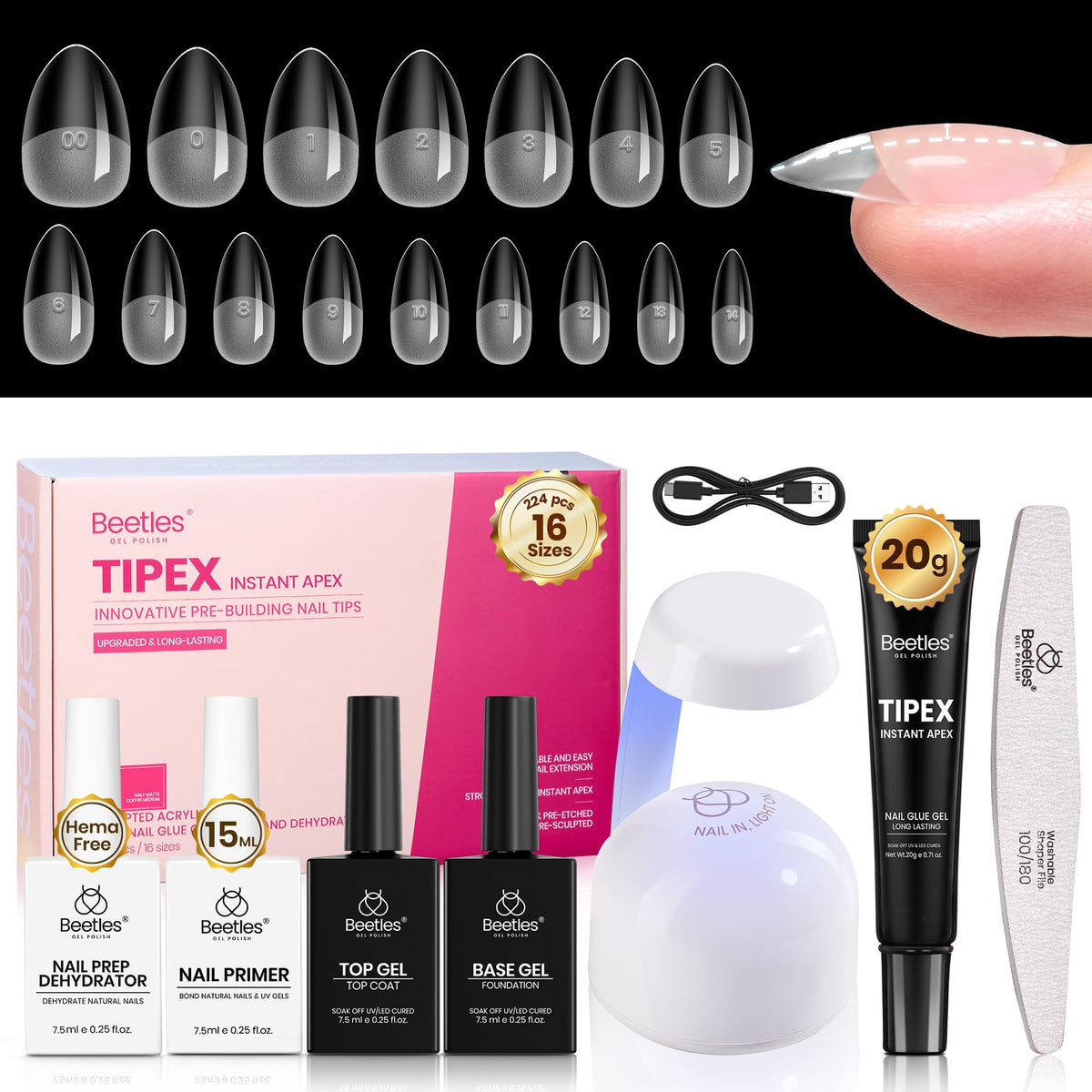 beetles Tipex Instant Apex Nail Tips Kit vue avant avec 224 pièces