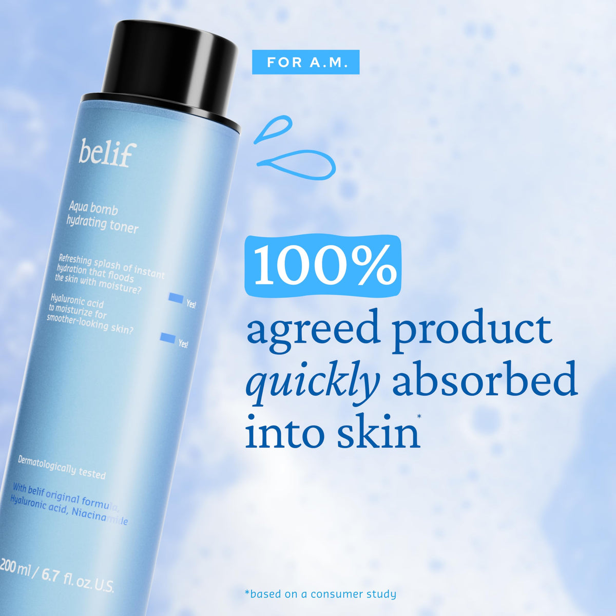 belif Tonique Hydratant Niacinamide 150ml avec gouttes sur une surface