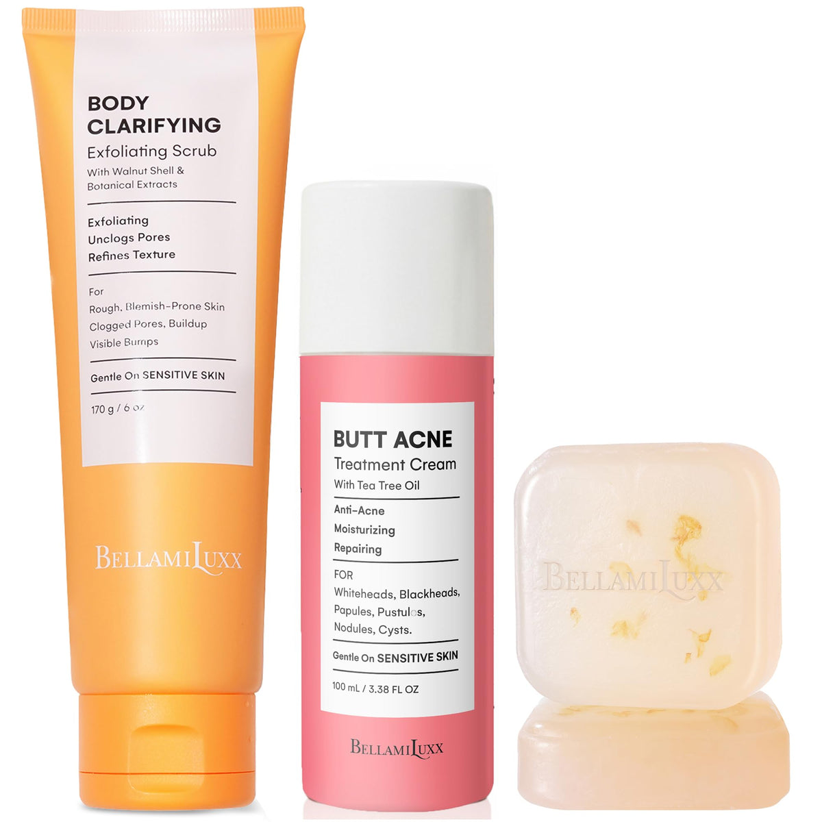 BellamiLuxx set traitement anti-acné pour les fesses, incluant savon et lotion