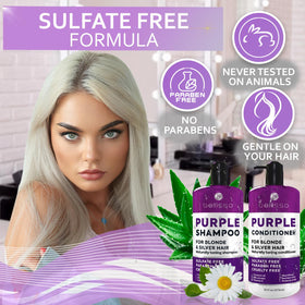 BELLISSO ensemble shampooing et après-shampooing violet sur un fond blanc