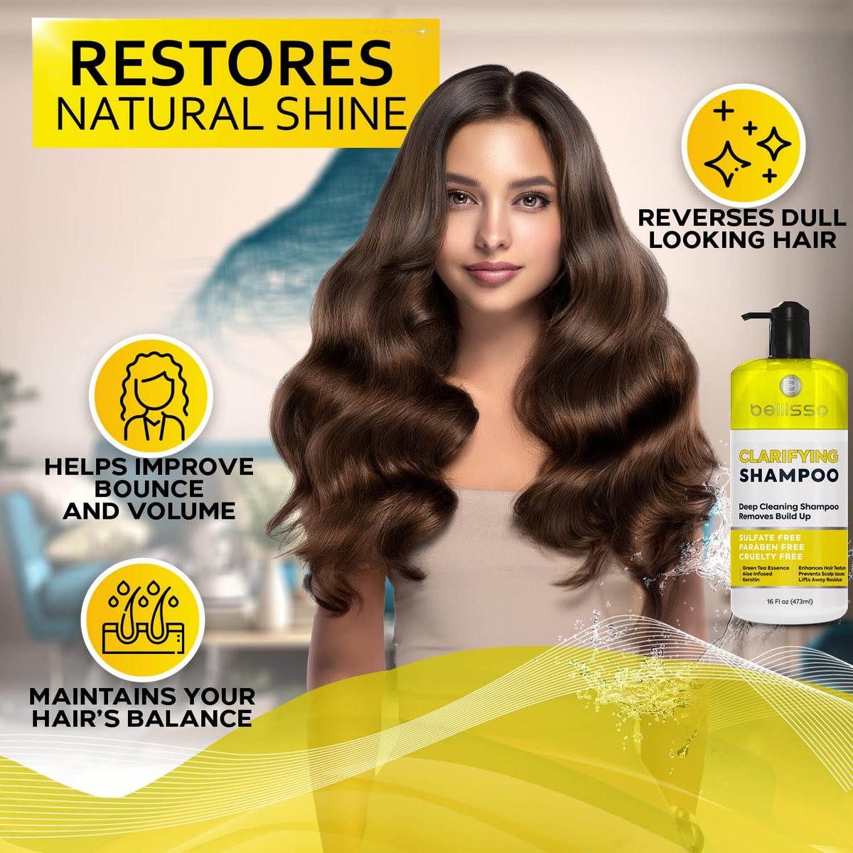 BELLISSO Shampoo Clarifiant 662g avec ingrédients naturels en arrière-plan