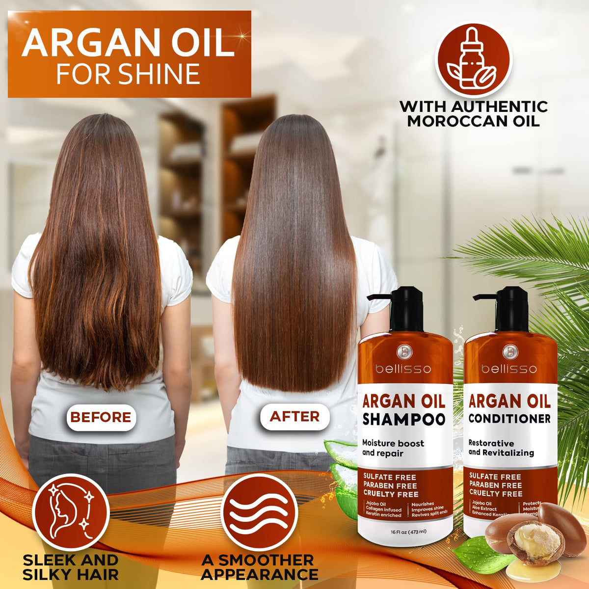 BELLISSO shampooing à l'huile d'argan, bouteille verte avec étiquette