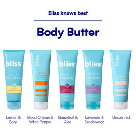 Beurre corporel Bliss Citron et Sauge sur une table de salle de bain