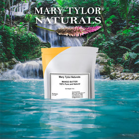 Beurre de mangue Mary Tylor Naturals 240g avec ingrédients naturels en arrière-plan