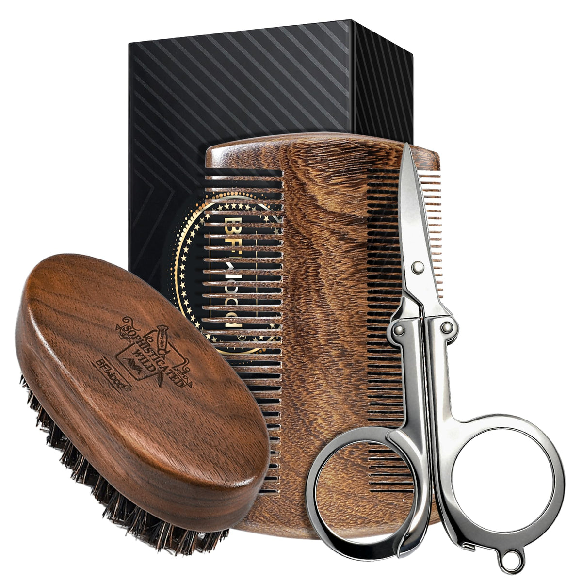BFWood kit de barbe 5-en-1 avec brosse et peigne en bois de noyer noir