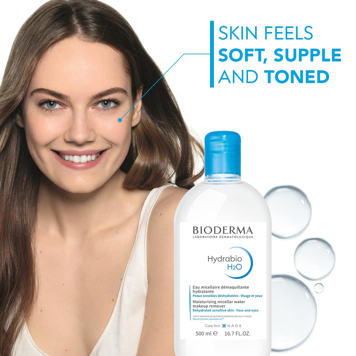 Bioderma Hydrabio H2O 500ml sur un meuble de toilette