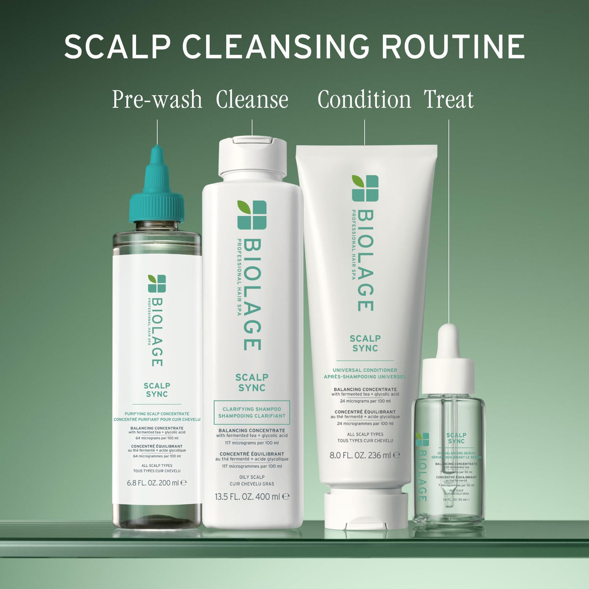 Biolage Shampoo Clarifiant Scalp Sync 33,8 fl oz avec flacon ouvert montrant le produit