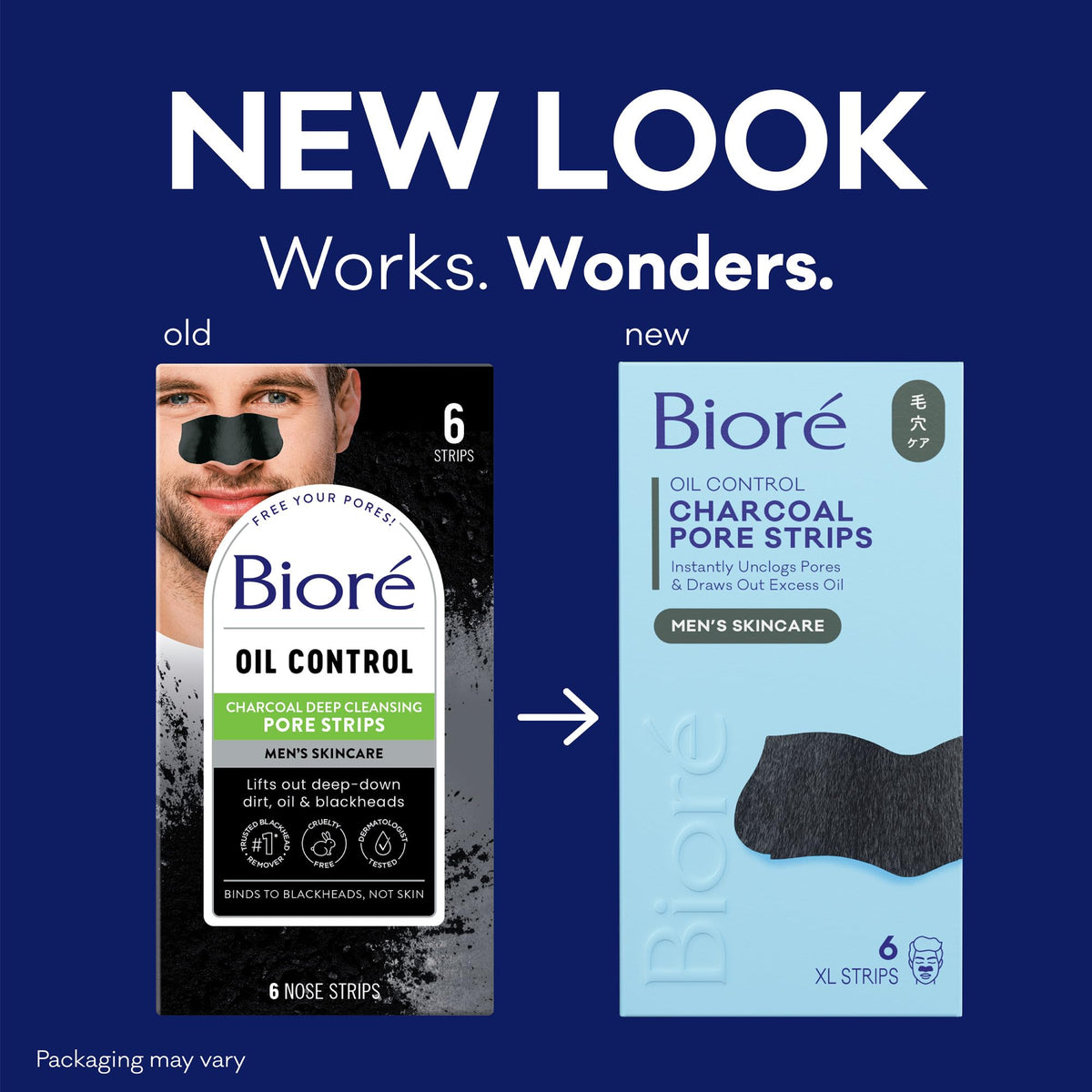 Bioré bandes au charbon montrant un gros plan du produit et des instructions d'utilisation