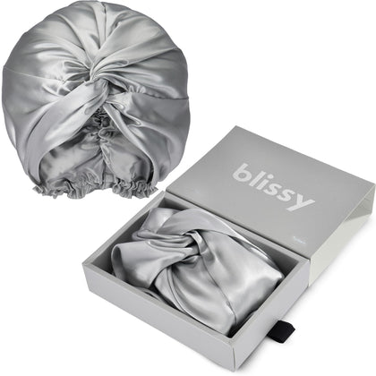 BLISSY Bonnet en Soie pour Cheveux Bouclés vue avant en couleur argent