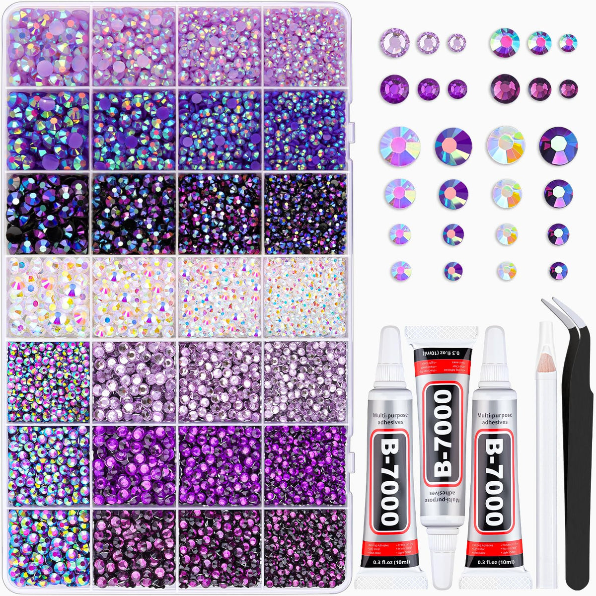 Boîte de 20000 strass violets BELLEBOOST avec 28 compartiments